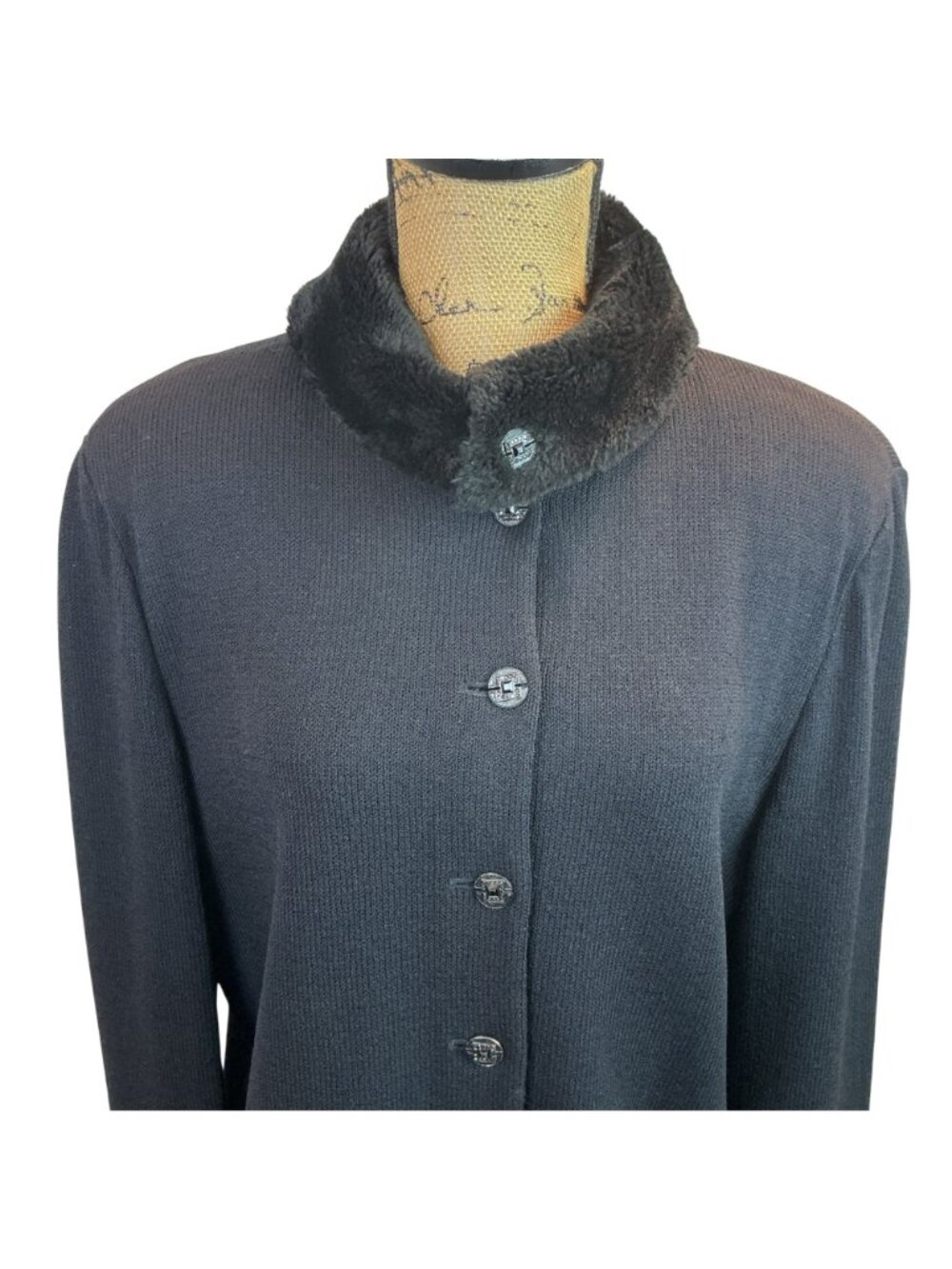 St. John Collection Womens Black Button-Up Jacket Size 14 With Faux Fur Collar & - Picture 9 of 15